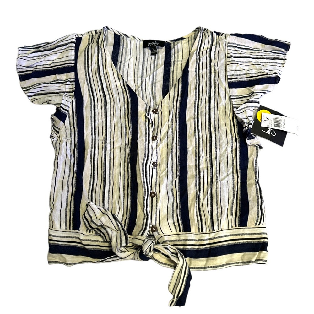 By & By Striped Button Front Tie Hem Short Sleeve V Neck Top Juniors M NWT